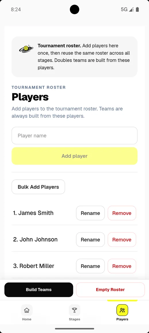 Players-scherm met de toernooilijst